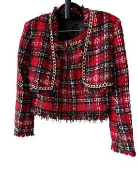 Designer-style Red Plaid Tweed Jacket and Skirt Set with Elaborate Trim